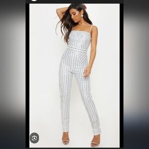 PrettyLittleThing Silver Sequin Jumpsuit